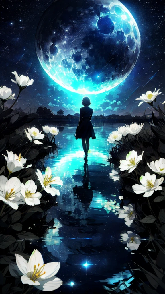 A girl, Solitary, Stand on the water, Reflective surface, , Cat ear, (poster:0.76), (Palm leaves),  White flowers, (Blue light glow:1.2), night, Dark theme, Starry Sky, dream，moonlight