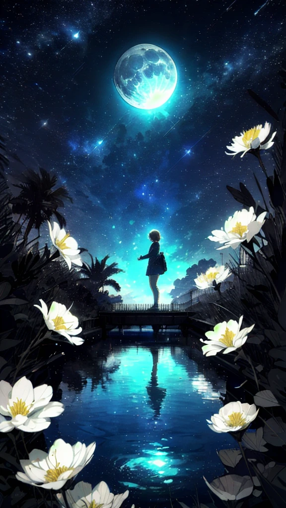 A girl, Solitary, Stand on the water, Reflective surface, , Cat ear, (poster:0.76), (Palm leaves),  White flowers, (Blue light glow:1.2), night, Dark theme, Starry Sky, dream，moonlight