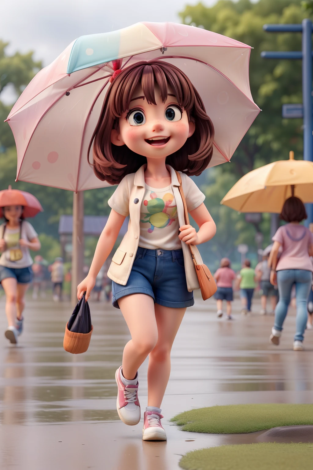 ((best quality)), ((masterpiece)), (detailed), a cute so fat litle girl runing with so many friends in the rains wearing casual t-shirts and holding an umbrella, she looks so happy, in the citypark(so many people around)
