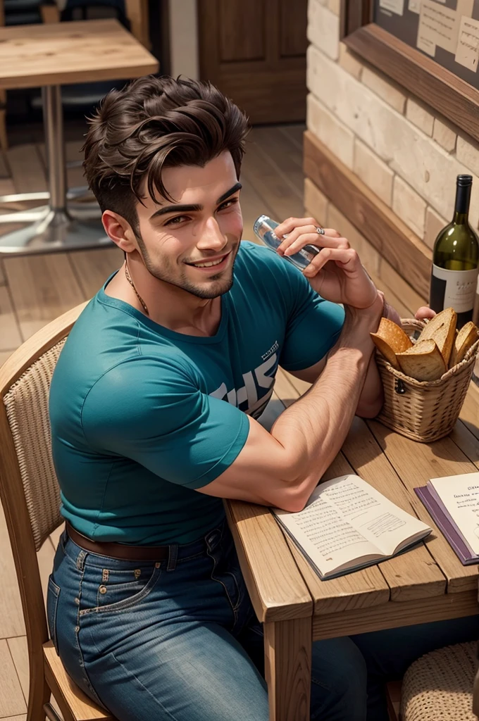 A handsome muscular young Brazilian man dressed in jeans and a t-shirt, holding and tasting a glass of wine comfortably and smiling, sitting at a small table in a beautiful bistro in Paris facing the River Seine and looking at the cityscape with a bottle of wine and a basket of bread next to it on the table