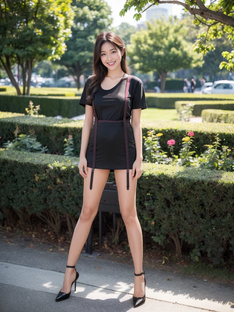 最high quality, 8K, Masseter area, Energetic, Clear focus, high quality, high resolution, Delicate face, Fine particles, thick lips, (Looking at the audience), Solitary, Beautiful woman, 20 years old, Plum, Black long hair,  (Suspender T-shirt:1.5)，Black hip skirt，In front of the park garden,（Standing in the park：1.5）、((Smile:1.5))、((Wearing black high heels))，Tall