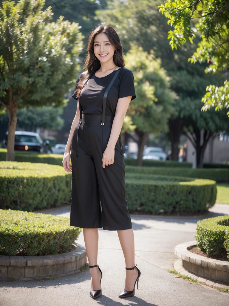 最high quality, 8K, Masseter area, Energetic, Clear focus, high quality, high resolution, Delicate face, Fine particles, thick lips, (Looking at the audience), Solitary, Beautiful woman, 20 years old, Plum, Black long hair, (Suspender T-shirt:1.5),Black hip skirt,In front of the park garden,(Standing in the park:1.5)、((Smile:1.5))、((Wearing black high heels)),Tall