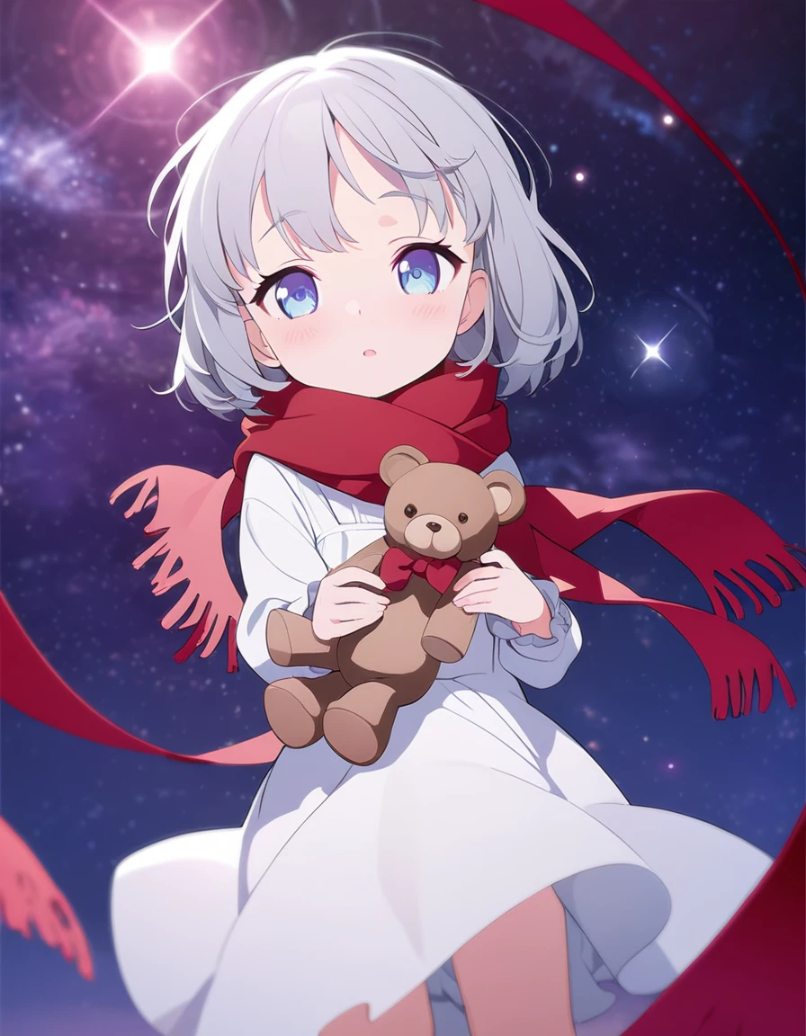 (((masterpiece))), (((best quality))),(((high detail))),light manipulation, girl with silver hair, gradient purple to sky blue eyes, wearing a white dress, a red scarf, (((loli))), (((child))) , galaxy background, holding a teddy bear, feet, no footwear