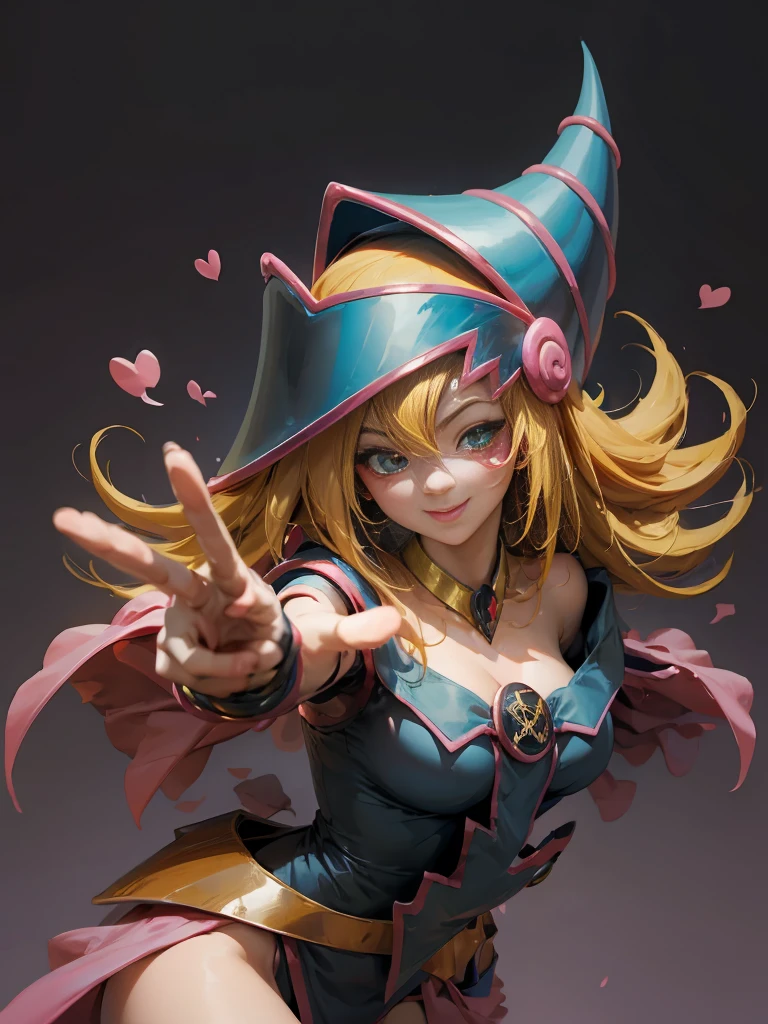 dark magician gils. Making the peace and love sign with his fingers, smile . Magic of hearts in the air. Sensual and seductive pose. Mystical magic background 