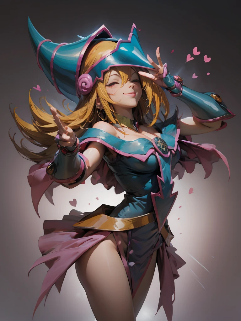 dark magician gils. Making the peace and love sign with his fingers, smile . Magic of hearts in the air. Sensual and seductive pose. Mystical magic background