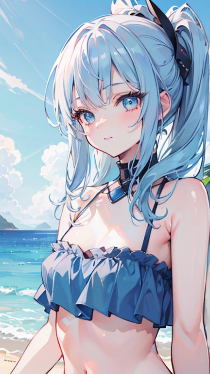 (best quality,4K,high resolution,Extremely detailed,Practical:1.2),,Light blue hair, beautiful blue eyes,Beautiful and delicate lips , Friendly Smile,garden , flat chest , whole body , Adult girl , looking into camera , White dress
