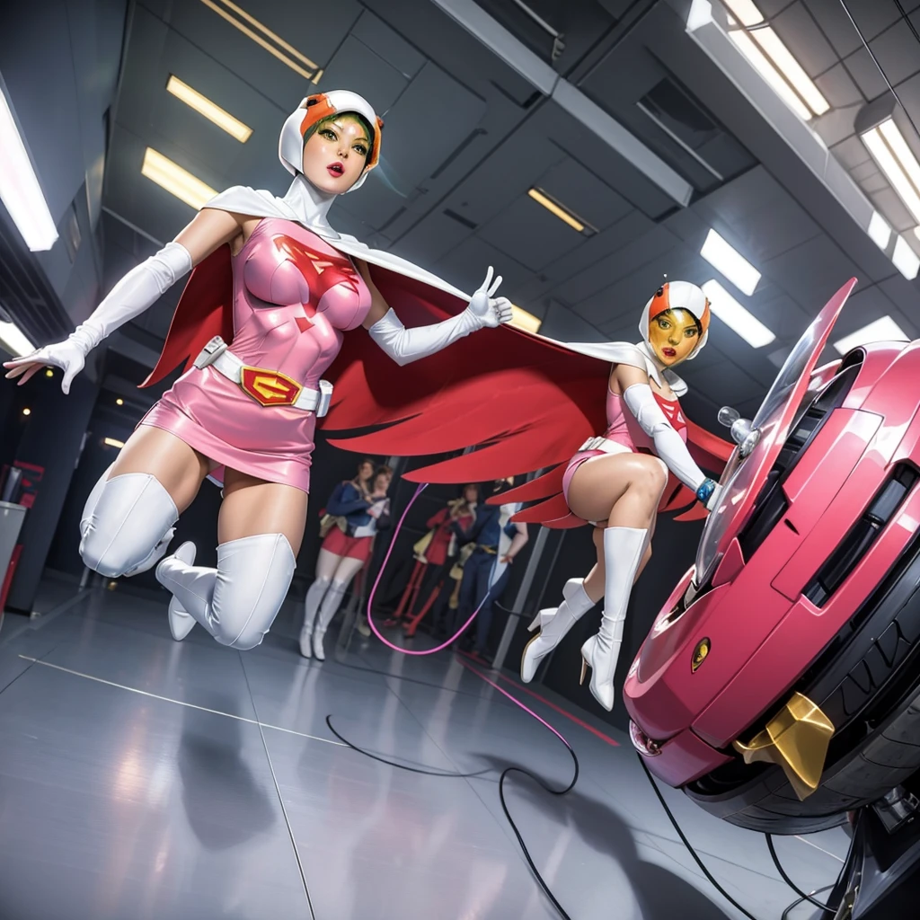 ANI_CLASSIC_jun_gatchaman_ownwaifu,1girl, ,good anatomy, masterpiece, best quality,realistic, hyperrealistic, 16k hdr,breasts,green eyes,lips,large breasts,lipstick,makeup,gloves,cape,helmet,belt,elbow gloves,white gloves,mask,ultra miniskirt,leotard,spacesuit,white tight overknee highheels boots,pink dress,superhero,bodysuit,cleavage,erected nipples,((jumping poses)),cameltoe