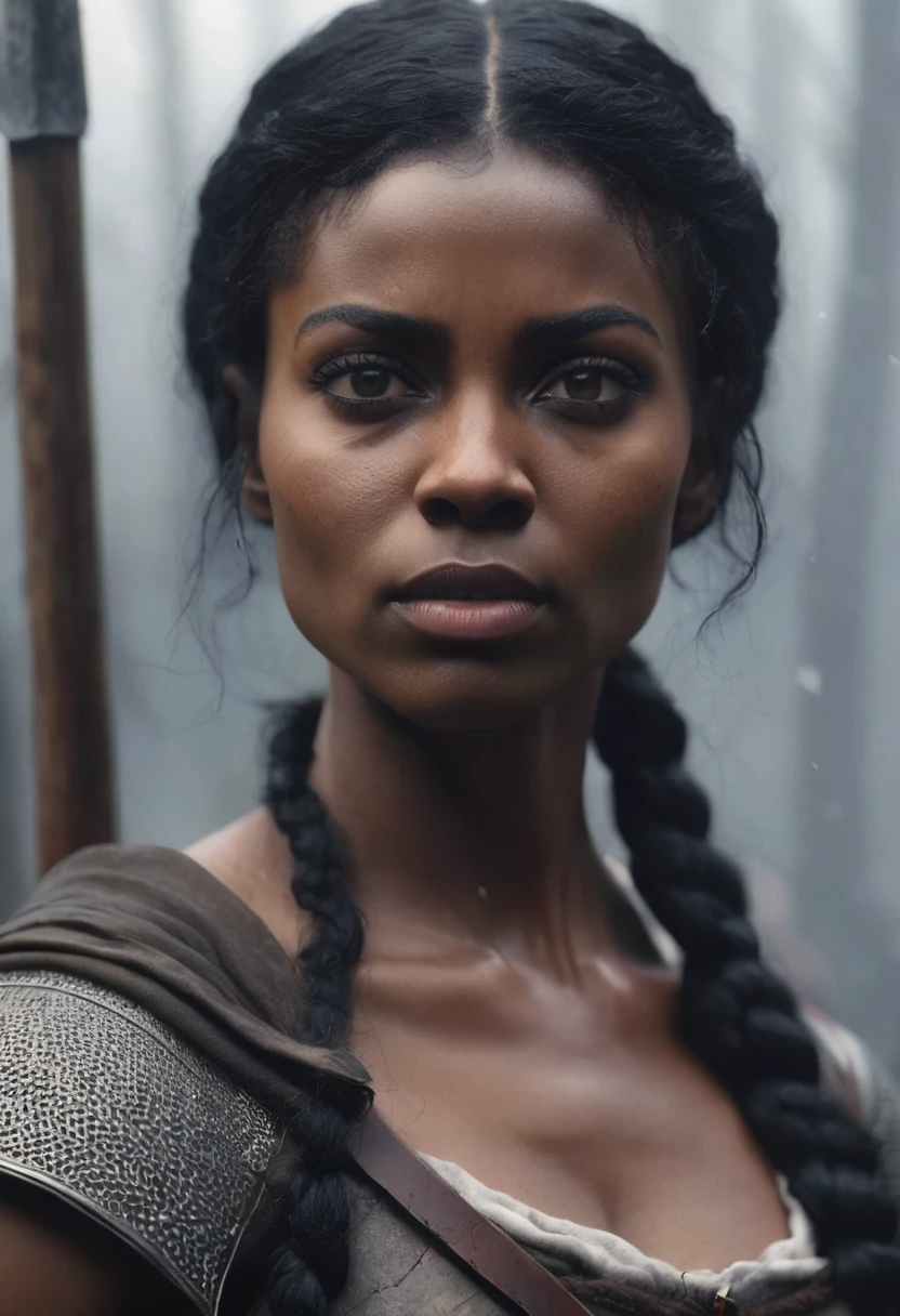 1 woman, inside a medieval training camp, wearing common medieval training clothes, detailed facial features, dark and feminine eyes, detailed dark black skin, shaved black hair, strong expression, dramatic lighting, cinematic composition, defined female body small muscles , cold palette and warm color palette, atmospheric fog, beautiful face, thin chin, beautiful black woman, (best quality, 4K, 8K, high resolution, art: 1.2), ultra-detailed, (realistic, photorealistic, photorealistic: 1 ,37)
