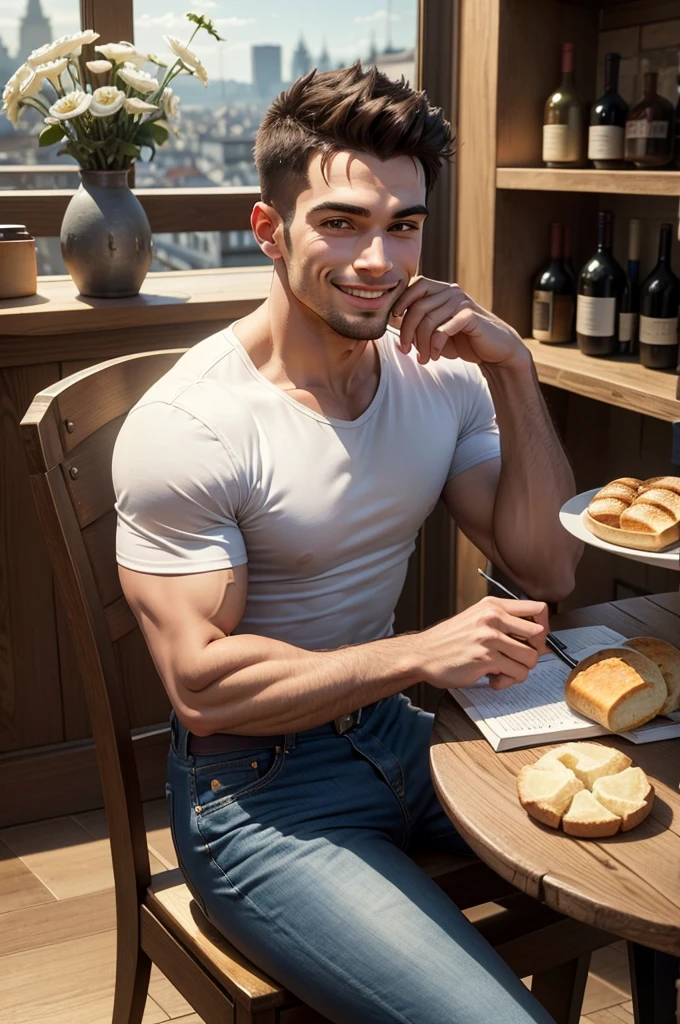 A wide shot in high definition with a handsome young muscular Brazilian man dressed in jeans and a t-shirt, holding and tasting a glass of wine comfortably and smiling, sitting at a charming little table in a beautiful bistro in Paris facing the River Seine and looking at the city landscape with a bottle of wine and a basket of bread next to it on the table with a tablecloth and a small vase of flowers and a notepad