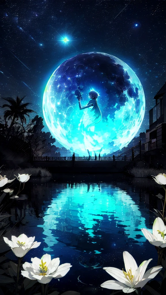 A girl, Solitary, Stand on the water, Reflective surface, , Cat ear, (poster:0.76), (Palm leaves), White flowers, (Blue light glow:1.2), night, Dark theme, Starry Sky, dream,moonlight