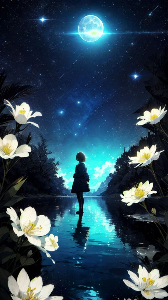 A girl, Solitary, Stand on the water, Reflective surface, , Cat ear, (poster:0.76), (Palm leaves), White flowers, (Blue light glow:1.2), night, Dark theme, Starry Sky, dream,moonlight