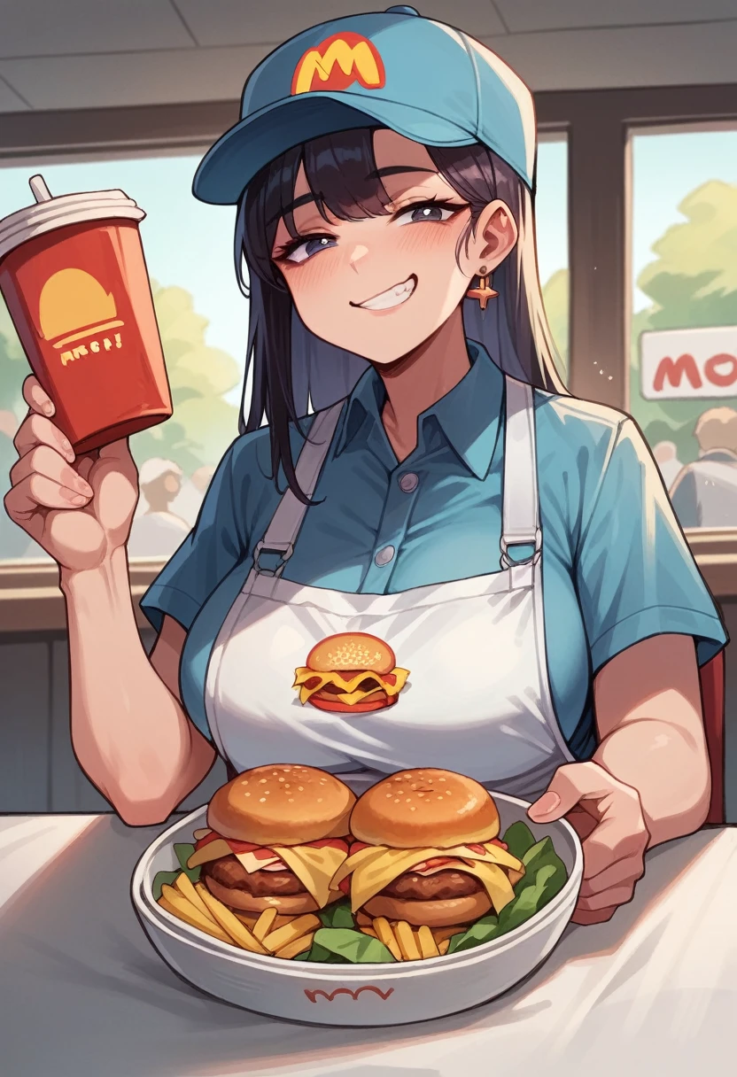 Korean girl , big titties , McDonald’s worker , at the window , so bored , handing over happy meal