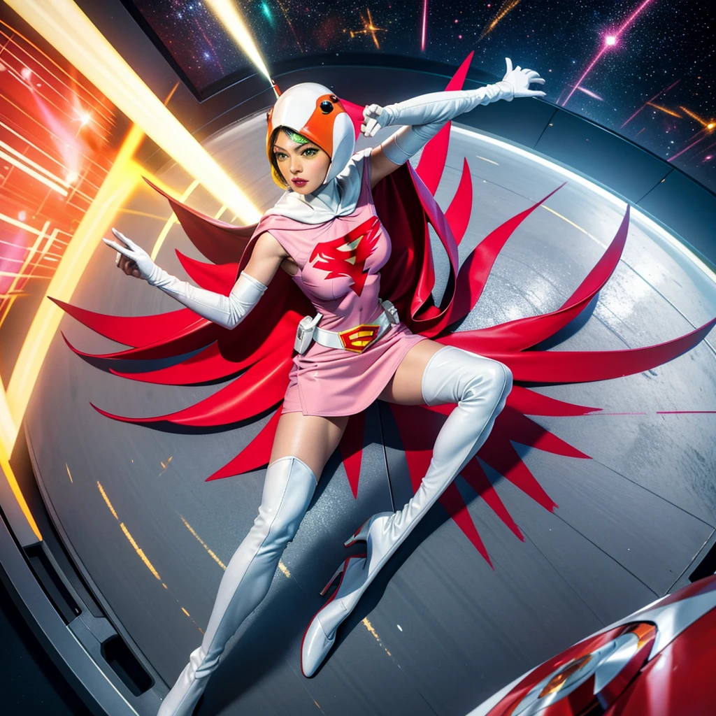 ANI_CLASSIC_jun_gatchaman_ownwaifu,1girl, ****,good anatomy, masterpiece, best quality,realistic, hyperrealistic, 16k hdr, long hair,breasts,green eyes,lips,large breasts,lipstick,makeup,gloves,cape,helmet,belt,elbow gloves,white gloves,mask,ultra miniskirt,leotard,spacesuit,white tight overknee highheels boots,pink dress,superhero,bodysuit,cleavage,erected nipples,(sexy pose,view from above),(spread legs:1.1),cameltoe