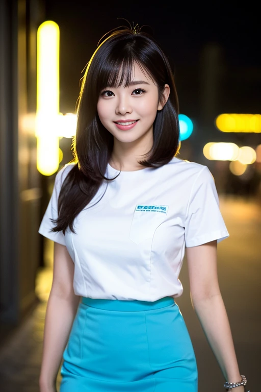 (A gorgeous Chinese advanced practice nurse, age 28, wearing formal office attire, short-sleeve white shirt with cyan scarf, sky-blue pencil skirt, walking gracefully as a spokesperson for sea conservation, friendly and kind expression, gentle smile, dimpled smile, cute snaggle-tooth, Korean_Bob_Haircut_Side_Bangs_Sophistication, symmetrical face, very beautiful detailed face, beautiful eyes, detailed eyes, ample round bosom, perfect body proportions, photorealistic, hyper-realism, high contrast, ultra HD, realistic skin textures, top image quality, top-quality, super high resolution, fine details, very meticulously, masterpiece, head to knees, the cowboy shot, romantic atmosphere, bokeh night background) #ThePowerIsYours #CaptainPlanet