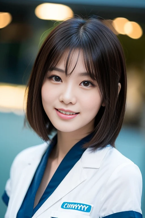(A gorgeous Chinese advanced practice nurse, age 28, wearing formal office attire, short-sleeve white shirt with cyan scarf, sky-blue pencil skirt, walking gracefully as a spokesperson for sea conservation, friendly and kind expression, gentle smile, dimpled smile, cute snaggle-tooth, Korean_Bob_Haircut_Side_Bangs_Sophistication, symmetrical face, very beautiful detailed face, beautiful eyes, detailed eyes, ample round bosom, perfect body proportions, photorealistic, hyper-realism, high contrast, ultra HD, realistic skin textures, top image quality, top-quality, super high resolution, fine details, very meticulously, masterpiece, head to knees, the cowboy shot, romantic atmosphere, bokeh night background) #ThePowerIsYours #CaptainPlanet