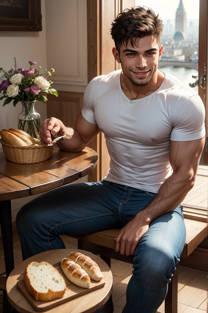 A wide shot in high definition with a handsome young muscular Brazilian man dressed in jeans and a t-shirt, holding and tasting a glass of wine comfortably and smiling, sitting at a charming little table in a beautiful bistro in Paris facing the River Seine and looking at the city landscape with a bottle of wine and a basket of bread next to it on the table with a tablecloth and a small vase of flowers and a notepad