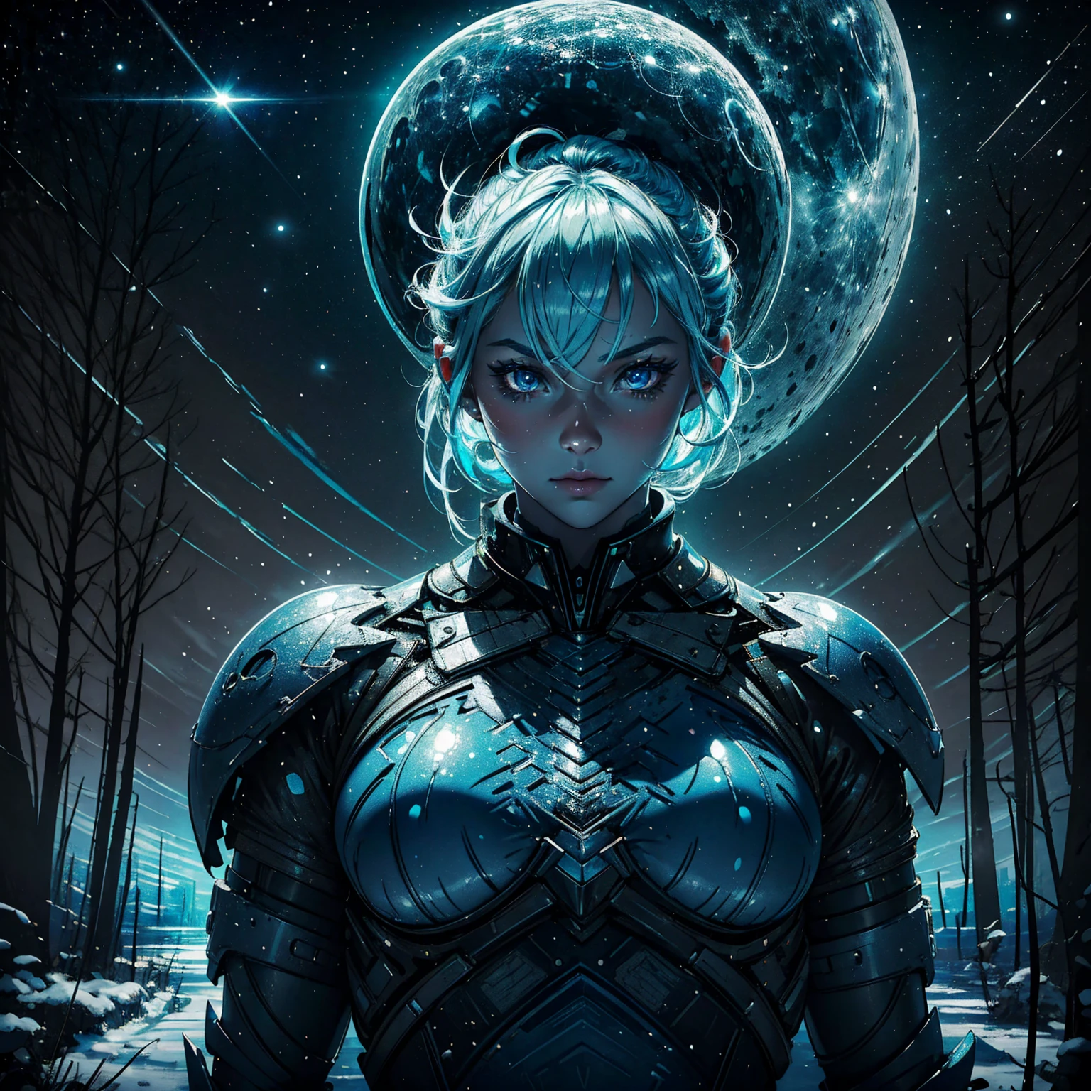 1girl, (solo), short ponytail hair, light blue hair, flat chest, small size, blue eyes, smiling face, fair skin, full nude, full body, lots of cum on sex, kneeling, (night), moon, frozen lake, forest behind, (very sexy body, detailed face, masterpiece, highly detailed, 8k, best quality, vibrant colors, digital art, concept art)