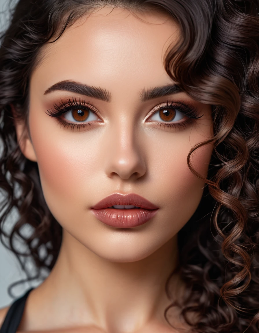 photorealistic Realism 16K Quality: (((Ultra resolution, absurd detailed detail quality, absurd quality details clear non blurry and sharp perfectly round realistic brown_eyes:1.35), extreme Intricately details:1.35)), ([long(lashes)|perfect(eyeshadows)]:[blue|pink]), (super Detailed, beautiful little nose:1.2), (perfect composition), Depth of field, cinematic light, Lens flare, (extremely beautiful lips, eyes), a cute 1model:1.4 24yo, dslr, best high quality soft lighting, sharp focus captured by Fujifilm XT3, f 5.6, in a dramatic lighting, ((extremely beautiful cute sharp-face)), ((V-line jaw)), (light pale complexion), ((finely detailed pupils:1.4)), Perfekt makeup:1.35, ((detailed symmetrical lips:1.3)), pink_lipstick:1.3, ((long eyeliner), extreme detailed:1.3), ((perfect dark_eyeshadows:1.35)), (Detailed nose:1.2), (perfect composition), (best high quality realistic texture skin), ((best high quality realistic texture long black hair, (curly waves), hyper Intricate details:1.45)), (Super beautiful body), (perfect female body:1.4), (small round head:1.4 (anatomically correct)), slim face, beautiful cheekbones, ((slim-muscled body:1.24)), ((firm and full breasts)), (super detailed professional makeup on face:1.3), perfect composition, (pale skin), ((dry skin)), (photorealistic, 4k,8k, insanel realistic details, masterpiece), vibrant:1.2, (Upper body shot), ((highly elaborate extravagant microscopic street outfit:1.25)), perfect composition, ((look at the viewer)), Hasselblad, 85mm f/4.0
