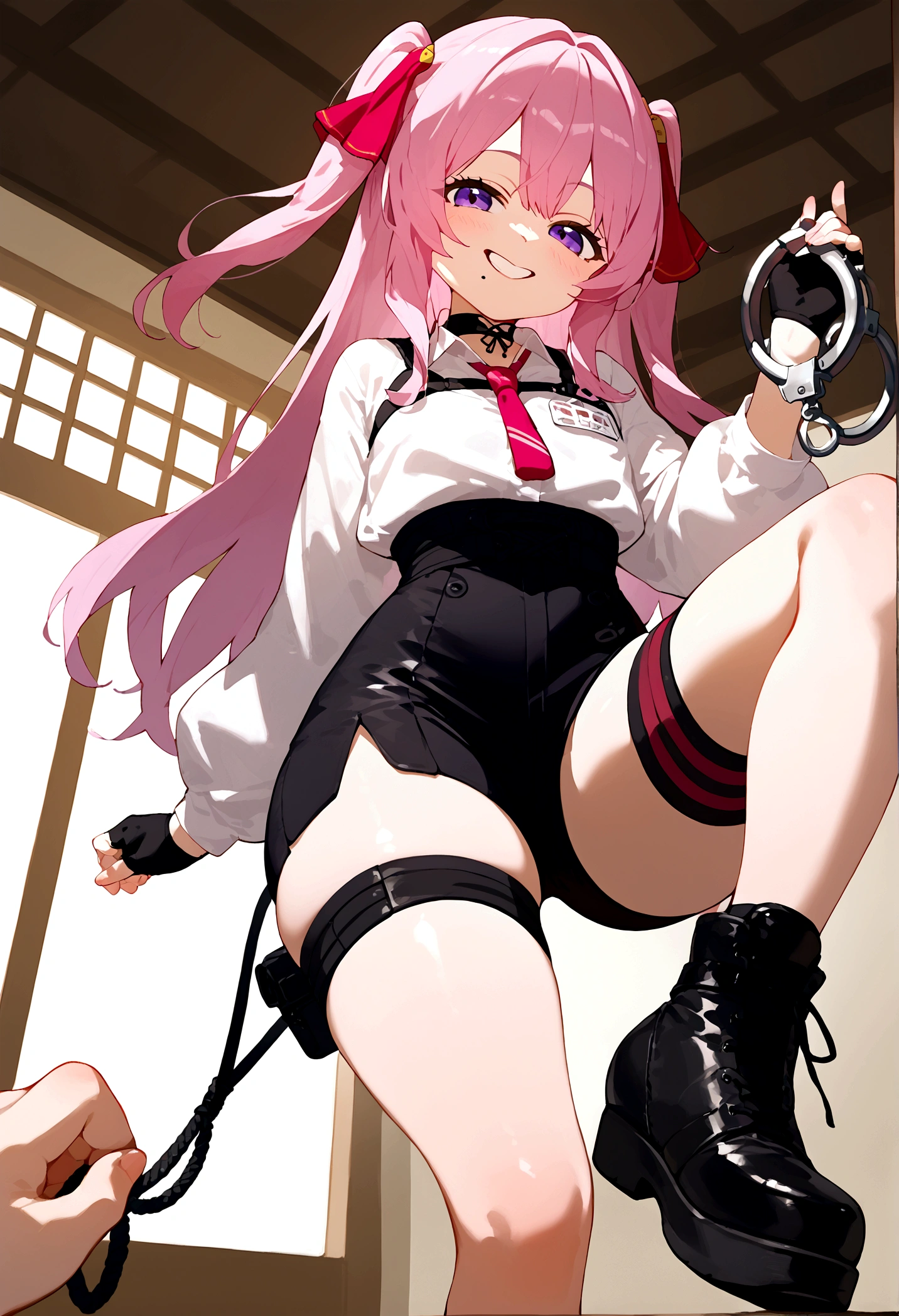 score_9, score_8_up, score_7_up, source_anime, BREAK 1girl, yunidef, purple eyes, pink hair, long hair, two side up, bangs, hair ornament, mole under mouth, white shirt, long sleeves, pink necktie, black choker, harness, nametag, multiple belts, high-waist shorts, black shorts, thigh strap, fingerless glove, single glove, indoors, long legs, pov, stepping, stepped on, black footwear, blush, evil grin, from below, smile, untied footwear, holding handcuffs, foot focus, looking at viewer, pov torso, foreshortening, big