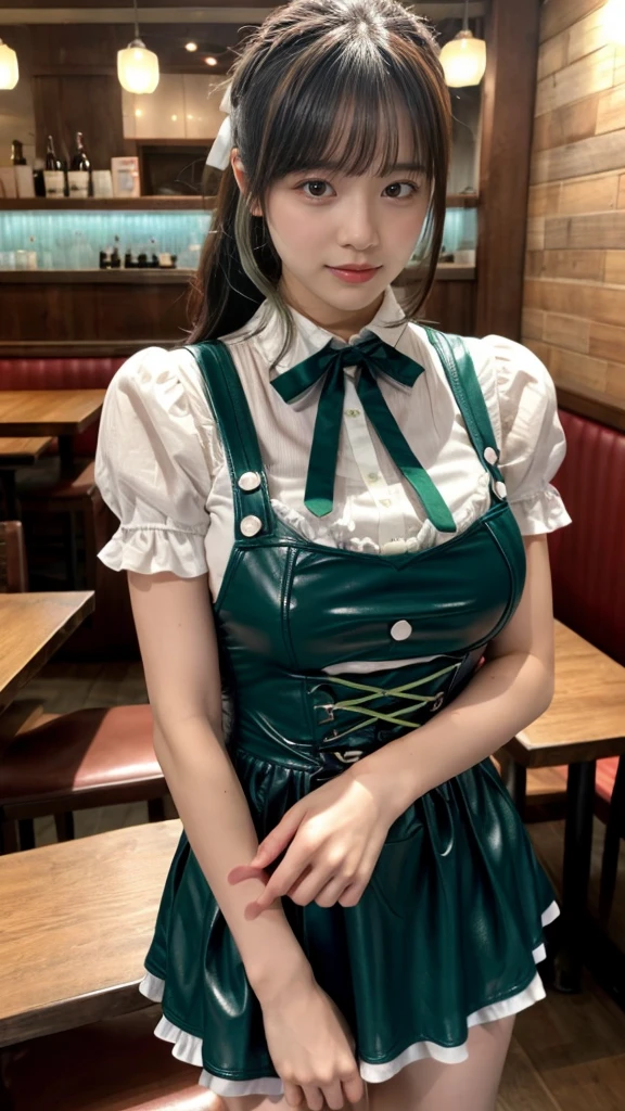 masterpiece, best quality, illustration, Super detailed, fine details, High resolution, 8K,wall paper, perfect dynamic composition, front view, close up, 18 year old girl, Gravure Idol, cute type, (Details High quality, realistic depiction of eyes:1.3), revealing clothes, low ponytail, bangs, black hair color, Dark makeup, Big Natural Color Lip, Emphasize the size of the breast, sexy body, perfect body shape, plump figure, (huge breasts:1.1), Black leather jacket, BREAK (fusion of dirndl and short sleeve white collared-shirt with neck ribbon:1.4), ((A-line, underboobs, puff sleeves):1.3), ((deep-green Pinafore):1.3), thighs skin, Restaurant, Serving customers inside the restaurant.