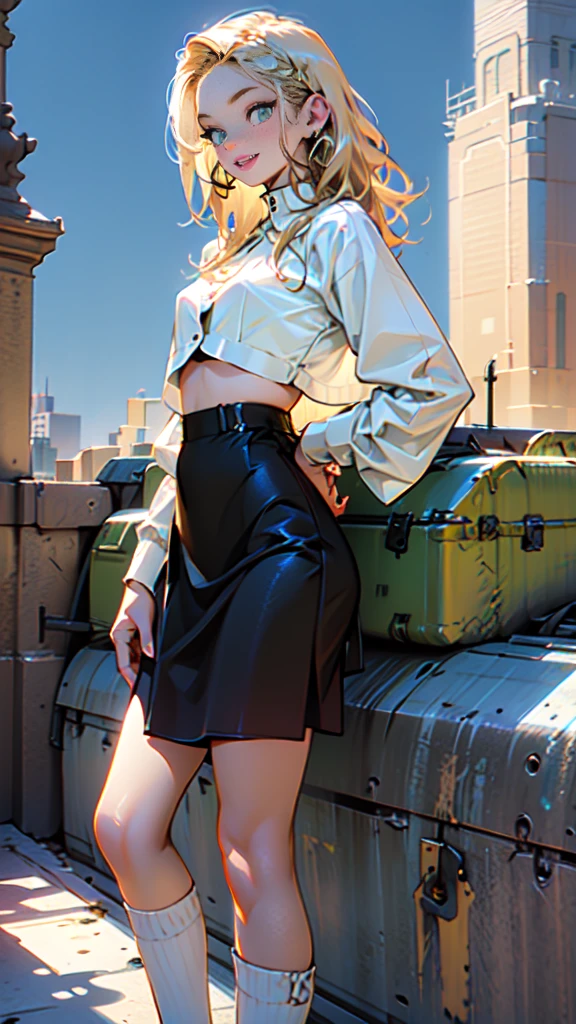 Girl with tan skin, braided hair, blonde, Box braids, green eyes, smiling, small skirt, knee high socks, big hips, hands down, black bra, white blouse, big circle gold earrings, freckles, big lips, on a rooftop, nyc skyline in the background, blue skies big clouds