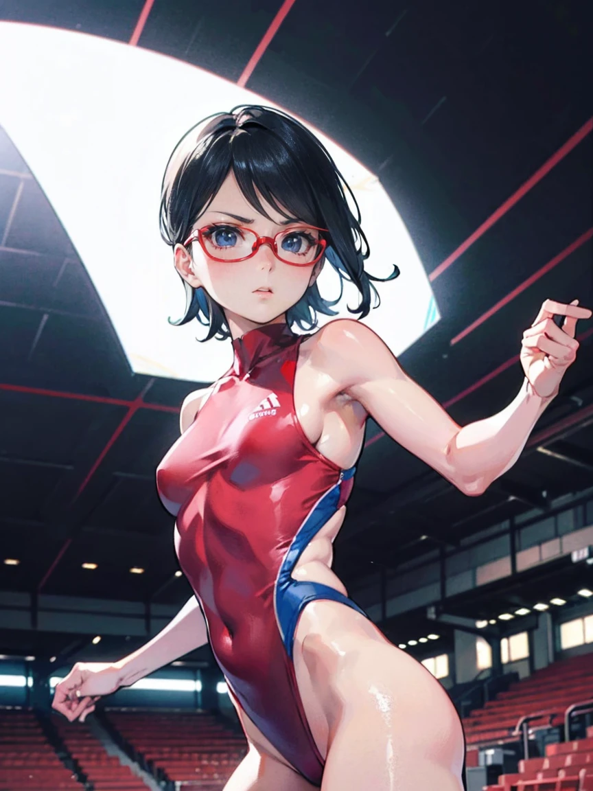 Sarada Uchiha, artistic gymnast, nude, performing in the Gymnastics Stadium. She has short black hair and beautiful black eyes. Her small face and glasses enhance her graceful appearance. The focus of the artwork is on Sarada's detailed and expressive eyes, capturing the determination and passion in her gaze. The art medium used is a combination of realistic and vibrant colors, creating a visually striking composition. The lighting is dynamic, emphasizing Sarada's movements and highlighting the contours of her athletic physique. The image quality is exceptionally high, with ultra-detailed precision and a photorealistic rendering of Sarada and the Gymnastics Stadium. The artwork reflects the intense training and dedication of Sarada as a gymnast, portraying her strength and elegance in a captivating way.