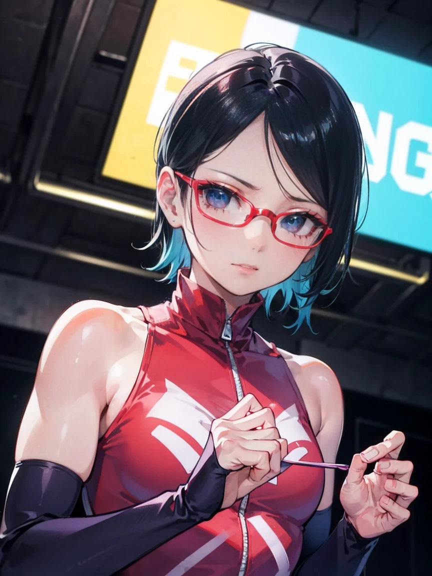 Sarada Uchiha, artistic gymnast, nude, performing in the Gymnastics Stadium. She has short black hair and beautiful black eyes. Her small face and glasses enhance her graceful appearance. The focus of the artwork is on Sarada's detailed and expressive eyes, capturing the determination and passion in her gaze. The art medium used is a combination of realistic and vibrant colors, creating a visually striking composition. The lighting is dynamic, emphasizing Sarada's movements and highlighting the contours of her athletic physique. The image quality is exceptionally high, with ultra-detailed precision and a photorealistic rendering of Sarada and the Gymnastics Stadium. The artwork reflects the intense training and dedication of Sarada as a gymnast, portraying her strength and elegance in a captivating way.