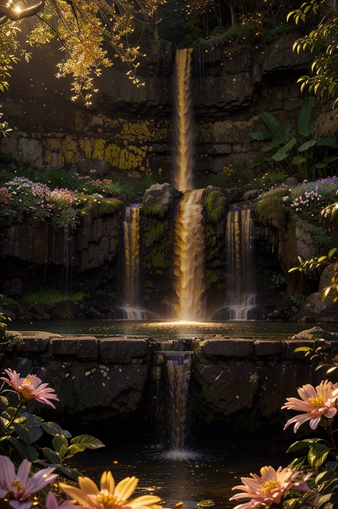a beautiful waterfall, flowers in the base, magical elements, dusk time, fantasy, intricate floral details, mystical energy, ethereal atmosphere, vibrant colors, warm lighting, golden hour, glowing particles, soft focus, high resolution, cinematic, photorealistic, masterpiece