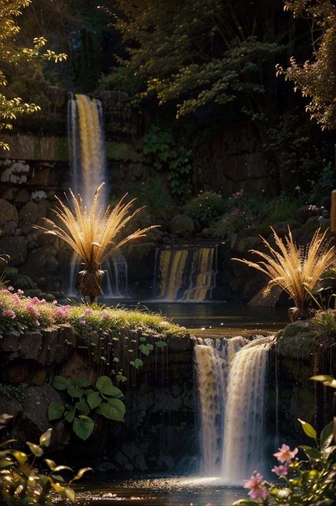 a beautiful waterfall, flowers in the base, magical elements, dusk time, fantasy, intricate floral details, mystical energy, ethereal atmosphere, vibrant colors, warm lighting, golden hour, glowing particles, soft focus, high resolution, cinematic, photorealistic, masterpiece