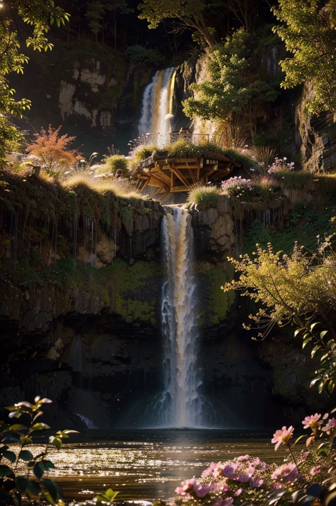 a beautiful waterfall, flowers in the base, magical elements, dusk time, fantasy, intricate floral details, mystical energy, ethereal atmosphere, vibrant colors, warm lighting, golden hour, glowing particles, soft focus, high resolution, cinematic, photorealistic, masterpiece