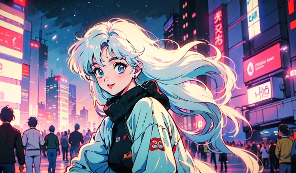 (80's, retro, city pop:1.5), (album cover), (masterpiece, best quality), (anime, illustration), (pastel colors:1.4),
best photo pose, dynamic angle,
 has bluish white hair, and has a cool impression,
girl, solo, smile, perfect detail eyes, delicate face,
City Scenes, night city, tokyo, high fashion, tying hair, sea, swimwear,