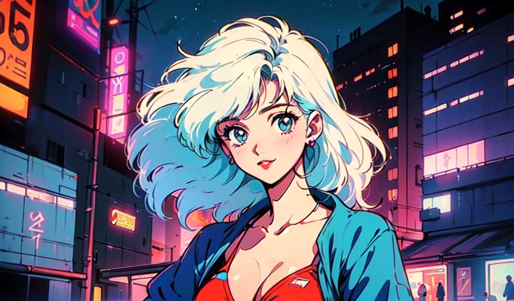 (80's, retro, city pop:1.5), (album cover), (masterpiece, best quality), (anime, illustration), (pastel colors:1.4),
best photo pose, dynamic angle,
 has bluish white hair, and has a cool impression,
girl, solo, smile, perfect detail eyes, delicate face,
City Scenes, night city, tokyo, high fashion, tying hair, sea, swimwear,