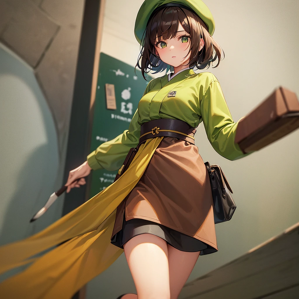 a girl with chocolate brown hair, japanese bob haircut, painter's beret hat in cocoa brown with paint brush insignia, lime green art smock over white t-shirt, green belt, cyan panel skirt, white socks, brown mary jane shoes, in a starry night sky, magically painting things around her that come to life, floating joyfully in the sky
