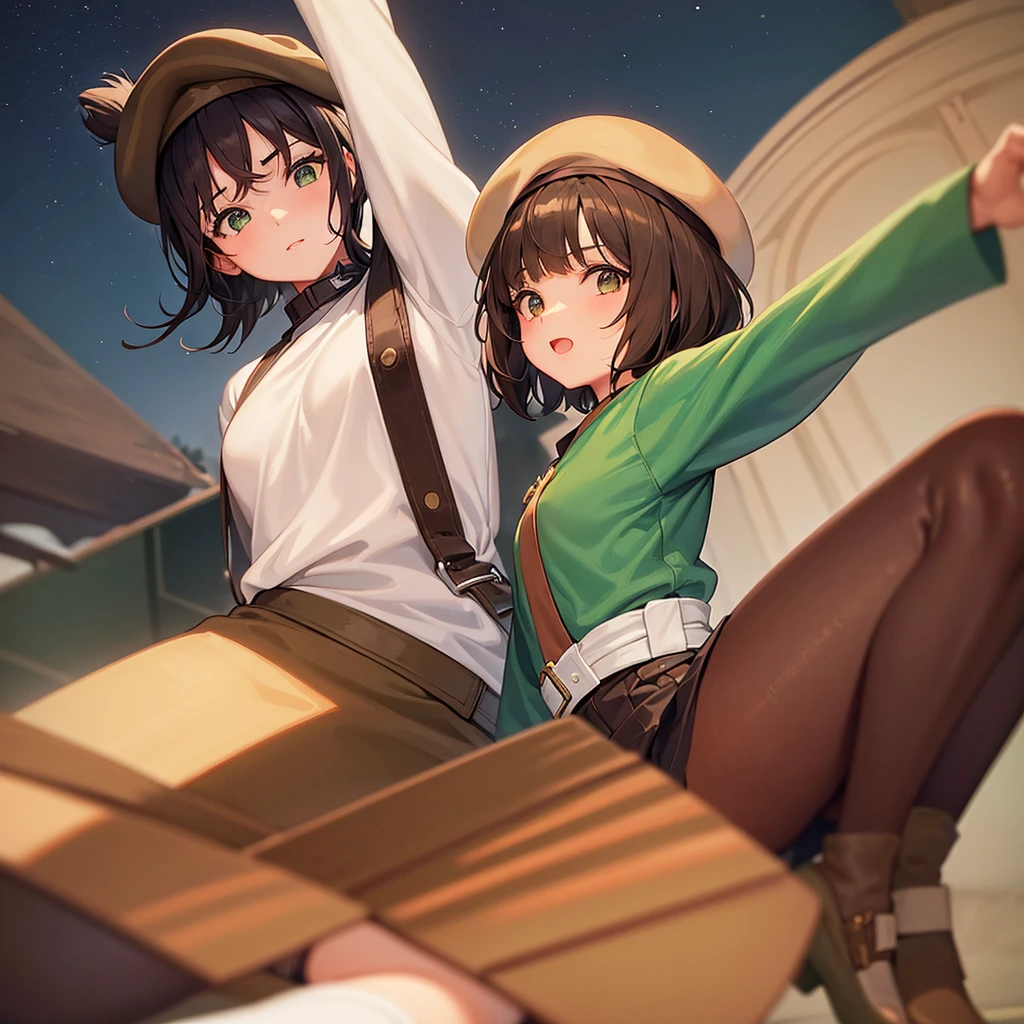 a girl with chocolate brown hair, japanese bob haircut, painter's beret hat in cocoa brown with paint brush insignia, lime green art smock over white t-shirt, green belt, cyan panel skirt, white socks, brown mary jane shoes, in a starry night sky, magically painting things around her that come to life, floating joyfully in the sky