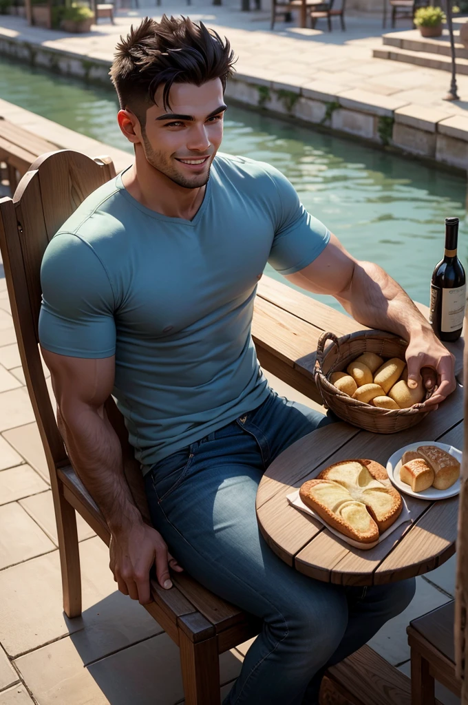 A wide shot in high definition with a handsome young muscular Brazilian man dressed in jeans and a t-shirt, holding and tasting a glass of wine comfortably and smiling, sitting at a charming little table in a beautiful bistro in Paris facing the River Seine and looking at the city landscape with a bottle of wine and a basket of bread next to it on the table with a tablecloth and a small vase of flowers and a notepad