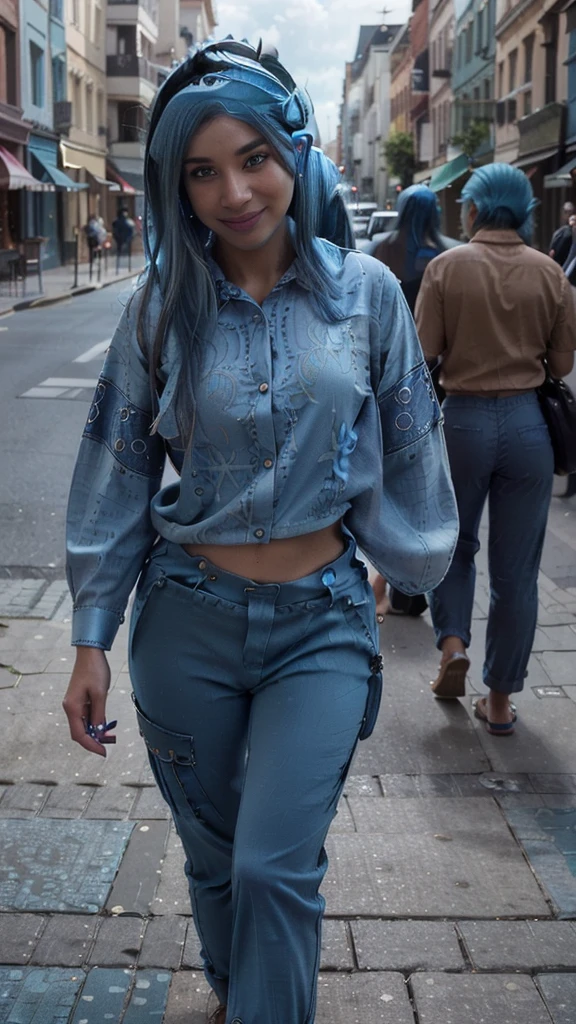 photorealistic, best quality, instagram model, (hyper detailed: 1.4), covering face with hands, shot from afar, liberated, ((medium blue hair:1.4)), brown eyes, Detailed eyes, wearing white dress, beautiful european young woman, (Highly detailed face:1.4), exuding a natural glow, soft lightning, (smile:1.3)), day time, jaw-dropping beauty, sexy, seductive, vivid colorsphotorealistic, best quality, instagram model, (hyper detailed: 1.4), (((walking:1.5))), shot from afar, liberated, ((medium blue hair:1.4)), brown eyes, Detailed eyes, ((wearing shirt and trousers:1.5)). beautiful european young woman, (Highly detailed face:1.4), exuding a natural glow, soft lightning, (smile:1.3)), day time, jaw-dropping beauty, sexy, seductive, vivid colors