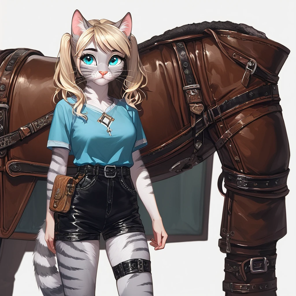 score_9,score_8_up,score_7_up, source_furry, first colors, kat, (masterpiece, best quality:1.2), an anthro furry feline girl, silver fur, grey stripes, pink nose, solo, :3, blue eyes, white whiskers, short blonde hair, pony tail, side locks, tall body, wearing short blue tunic, leather straps, brown strapped leather shorts, standing
