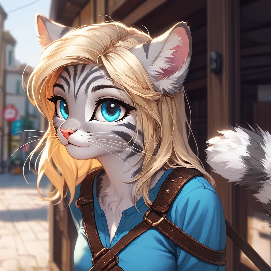 score_9,score_8_up,score_7_up, source_furry, first colors, kat, (masterpiece, best quality:1.2), an anthro furry feline girl, silver fur, grey stripes, pink nose, solo, :3, blue eyes, white whiskers, short blonde hair, pony tail, side locks, tall body, wearing short blue tunic, leather straps, brown strapped leather shorts, standing