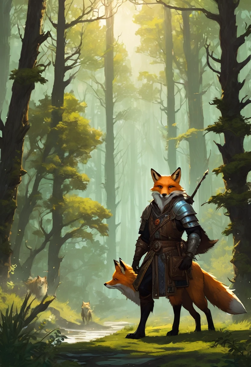 (forest background with bushes and trees)), (surrounding landscape), (detailed style), (jogo d&d),  (free but tamed beasts on the left), (necromancer invocations on the left),Humanoid fox beast, masculine, fox man, uses light leather armor, of the necromancer and beast tamer classes in the forest, look naughty at the camera, holding an ordinary wizard&#39;s staff, reward leaflet stuck to a bush in the background, wears a fanny pack with gold coins, He has neurotic monsters and tamed beasts at his side