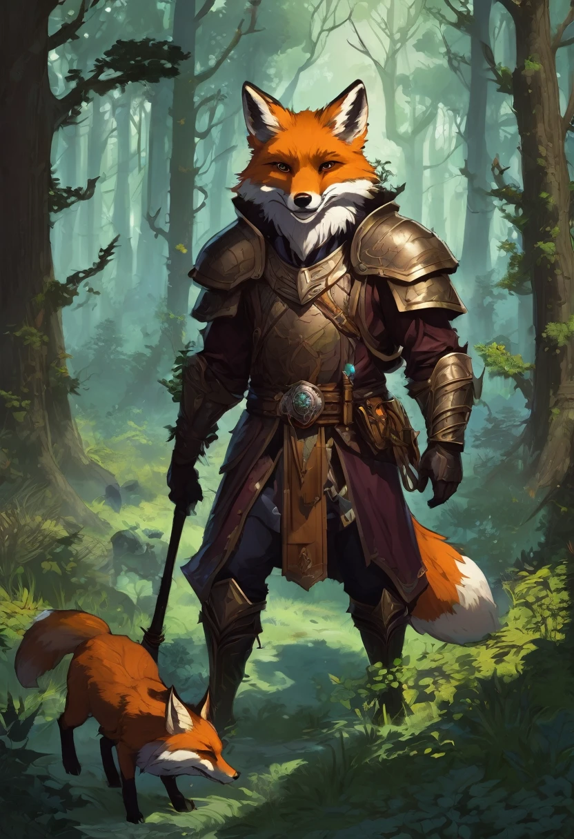 (forest background with bushes and trees)), (surrounding landscape), (detailed style), (jogo d&d),  (free but tamed beasts on the left), (necromancer invocations on the left),Humanoid fox beast, masculine, fox man, uses light leather armor, of the necromancer and beast tamer classes in the forest, look naughty at the camera, holding an ordinary wizard&#39;s staff, reward leaflet stuck to a bush in the background, wears a fanny pack with gold coins, He has neurotic monsters and tamed beasts at his side