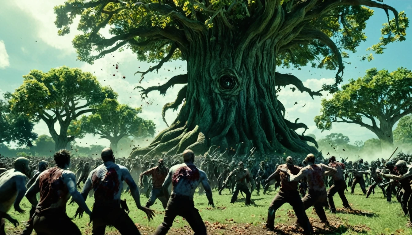 ((Top Quality)), ((Masterpiece)), corps of zombies hitting against the giant tree