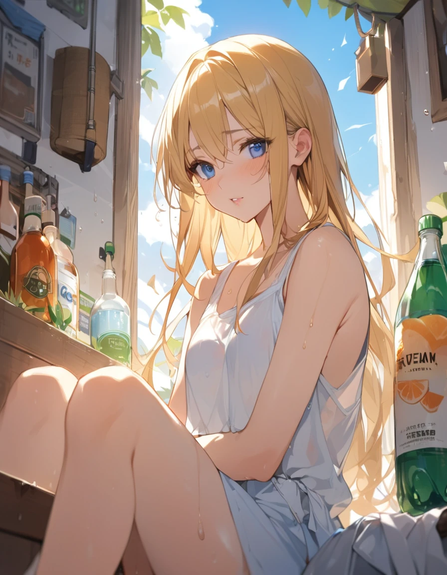 (Top quality illustrations:1.2), (pretty girl:1.1), (1 Girl、、Top quality illustrations:1.2), (1 Girl、Kind eyes、blue eyes:1.2)、blonde、Semi-long hair、mature、Beautiful breasts 、Sheer tank top、((Full nudity))、summer、blue sky、Sweat、profile、Drink water、PET bottles、Wet、Standing posture、