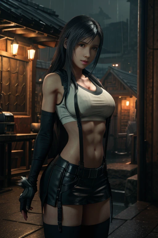 Tifa Lockhart in work clothes as a mechanic in the rain, her body is hard to see because of the rain dark evening fantasy city against the backdrop of stone houses art fantasy middle ages background middle ages style middle ages fantasy