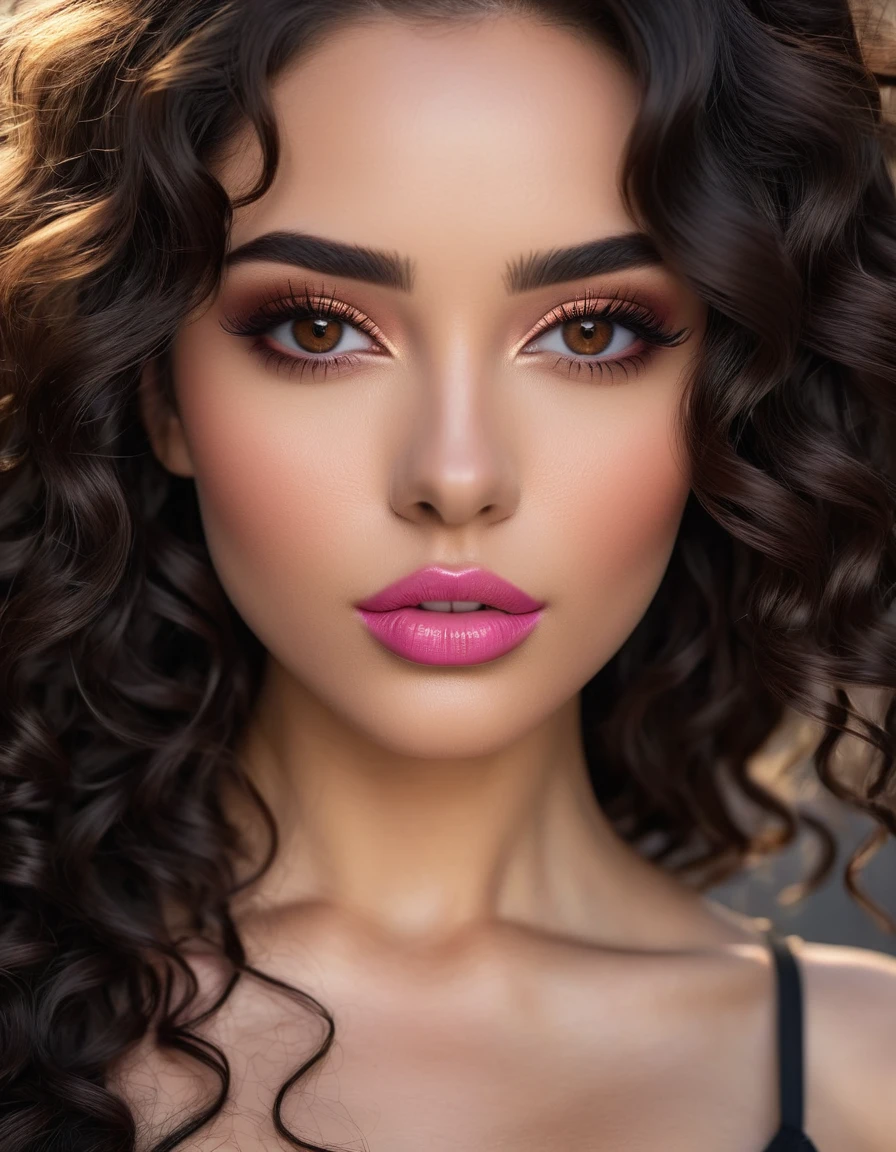 photorealistic Realism 16K Quality: (((Ultra resolution, absurd detailed detail quality, absurd quality details clear non blurry and sharp perfectly round realistic brown_eyes:1.35), extreme Intricately details:1.35)), ([long(lashes)|perfect(eyeshadows)]:[blue|pink]), (super Detailed, beautiful little nose:1.2), (perfect composition), Depth of field, cinematic light, Lens flare, (extremely beautiful lips, eyes), a cute 1model:1.4 24yo, dslr, best high quality soft lighting, sharp focus captured by Fujifilm XT3, f 5.6, in a dramatic lighting, ((extremely beautiful cute sharp-face)), ((V-line jaw)), (light pale complexion), ((finely detailed pupils:1.4)), Perfekt makeup:1.35, ((detailed symmetrical lips:1.3)), pink_lipstick:1.3, ((long eyeliner), extreme detailed:1.3), ((perfect dark_eyeshadows:1.35)), (Detailed nose:1.2), (perfect composition), (best high quality realistic texture skin), ((best high quality realistic texture long black hair, (curly waves), hyper Intricate details:1.45)), (Super beautiful body), (perfect female body:1.4), (small round head:1.4 (anatomically correct)), slim face, beautiful cheekbones, ((slim-muscled body:1.24)), ((firm and full breasts)), (super detailed professional makeup on face:1.3), perfect composition, (pale skin), ((dry skin)), (photorealistic, 4k,8k, insanel realistic details, masterpiece), vibrant:1.2, (Upper body shot), ((highly elaborate extravagant microscopic street outfit:1.25)), perfect composition, ((look at the viewer)), Hasselblad, 85mm f/4.0
