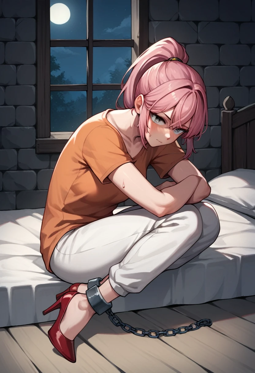 score_9, score_8_up, score_7_up, score_6_up, score_5_up, score_4_up, source_anime, 1girl,bed ,pink hair, ponytail, white eyes, w-w-chain, shackles , crossed arms, loose hair, black orange shirt,sweatpants,red high heels , night , dungeon, best quality, best res, 4K UHD,
 