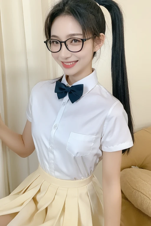 Highest quality、masterpiece、High sensitivity、High resolution、Detailed Description、Slender women、Slim Body、Glasses、smile、ponytail、uniform、