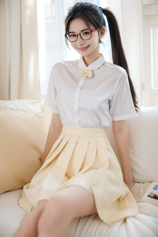 Highest quality、masterpiece、High sensitivity、High resolution、Detailed Description、Slender women、Slim Body、Glasses、smile、ponytail、uniform、