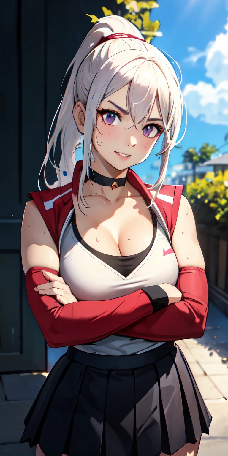 realistic, 1girl, ponytail, parted lips, blush, makeup, light smile, white hair, sportswear, skirt, wet clothes, glow, thighs, purple eye, bare shoulders, collarbone, narrow waist, sunbeam, sunlight, rose, wind, cleavage, (masterpiece), sweat, (best quality:1.2),solo,1girl,mdrin,smile,looking at viewer,crossed arms,ponytail,v-shaped eyebrows,white jacket,red shirt,fingerless gloves,black skirt,choker