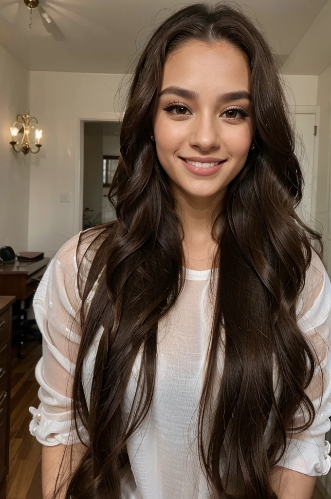 26 year old Latina glamor model, detailed eyes, eyelashes, forehead, long wavy hair, brown hair, looking at viewer, smile, full face only