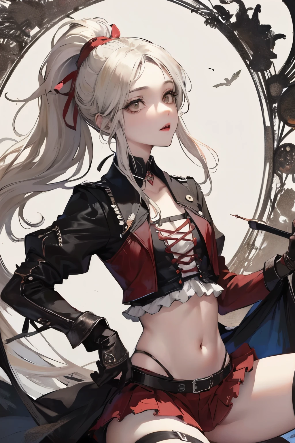 ((best quality)), ((masterpiece)), (detailed), 1girl, NSFW, small breasts, prominent collarbones, skinny arms, flat stomach, visible hip bones, long hair, red hair, white hair, blonde hair, dark hair, ponytail, thick ponytail, heavy ponytail, red and white clothing, Bloodborne inspired, occult aesthetic, occult, detailed and intricate steampunk and detailed gothic, NSFW Fluttering lace frilly petticoats, pleated petticoats